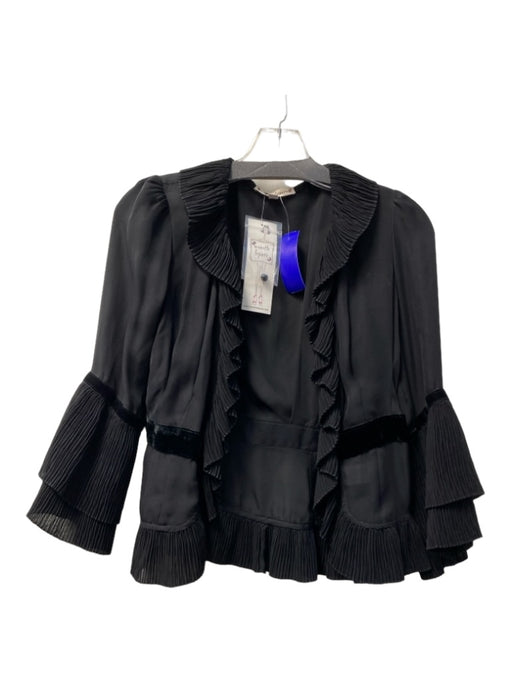 Nanette Lepore Size 0 Black Silk Long Sleeve Velvet Detail Tiered Hem Cardigan Black / 0
