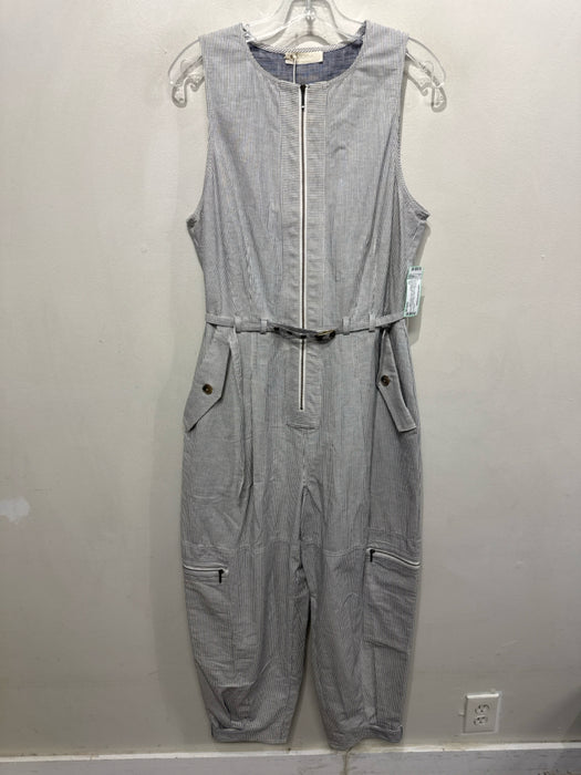 Ulla Johnson Size 10 Blue & White Cotton Sleeveless Seersucker Tapered Jumpsuit