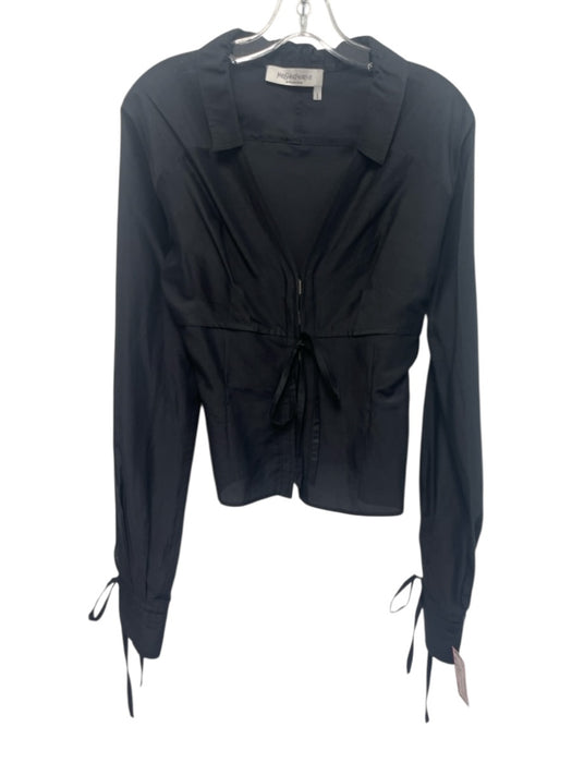Yves Saint Laurent Rive Gauche Size 38 Black Cotton & Silk Tie Detail Top Black / 38