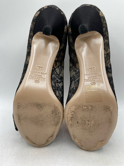 Valentino Shoe Size 36.5 Black Lace Bow Peep Toe Mid Heel Pumps