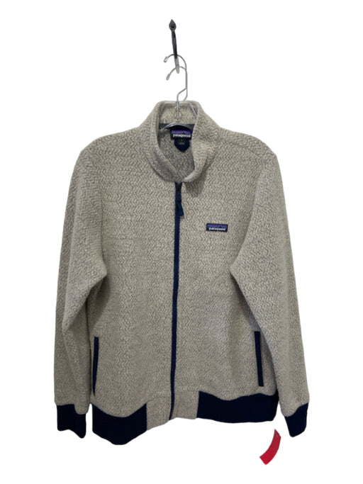 Patagonia Size L Beige & Navy Print Polyester Zip Front Fleece Jacket Beige & Navy Print / L
