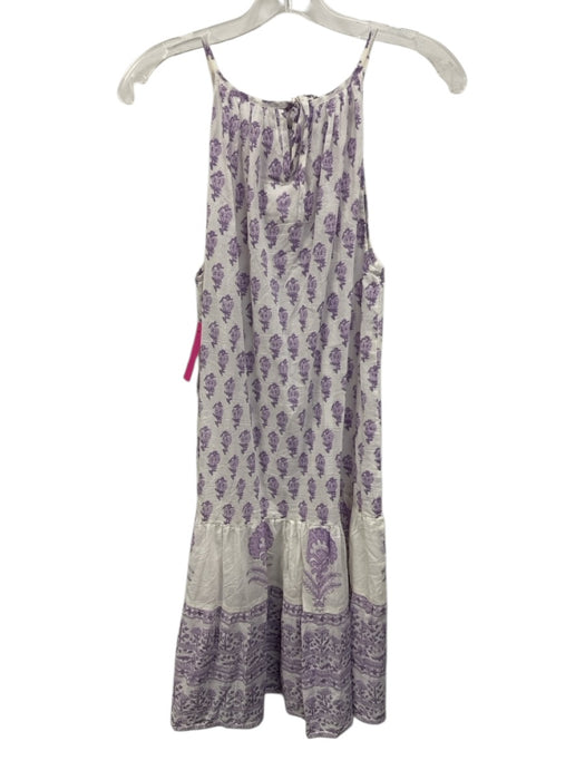 ISLAPAYAL Size S White & Purple Cotton Floral Blocked Print Sleeveless Dress White & Purple / S