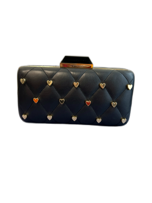 C Wonder Black & Gold Leather Quilted Hearts Gold Chain Detail Snap Closure Bag Black & Gold / Small