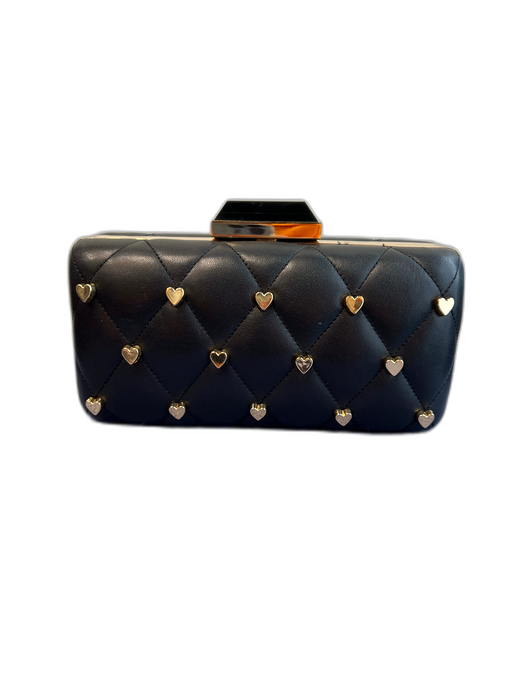C Wonder Black & Gold Leather Quilted Hearts Gold Chain Detail Snap Closure Bag Black & Gold / Small