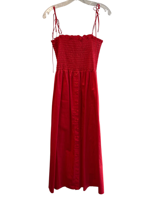 La Ligne Size L Red Cotton Ankle Length tie strap Sleeveless Shirred Dress Red / L