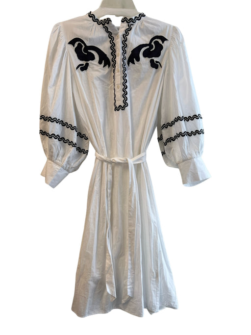 Antik Batik Size 38 White & Black Cotton Ric Rac Below Knee Midi Belted Dress White & Black / 38