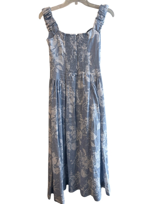Reformation Size 8 Blue & White Linen Maxi Back Zip Lined Smocked Back Dress Blue & White / 8
