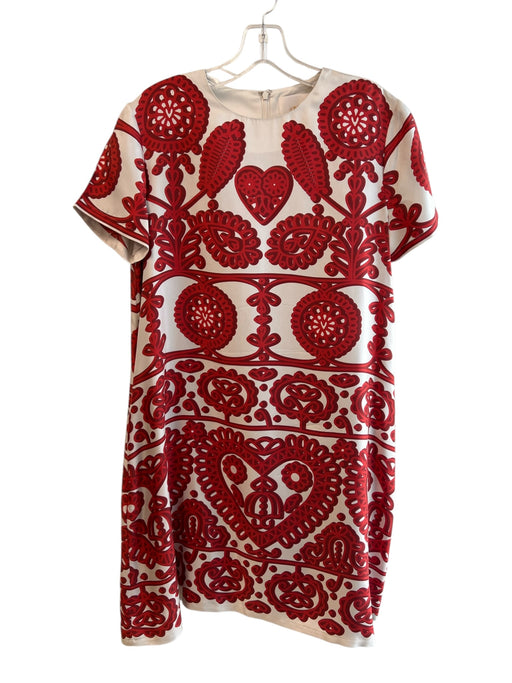 La Double J Size S Red & White Silk Back Zip Round Neck Abstract Print Dress Red & White / S