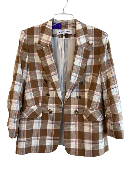 Veronica Beard Size 12 Cream, Tan & Pink Cotton Plaid Metallic Thread Blazer Cream, Tan & Pink / 12