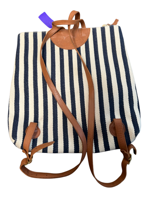 Claire V Navy & Cream Woven Stripe double zip Leather Strap Backpack Navy & Cream