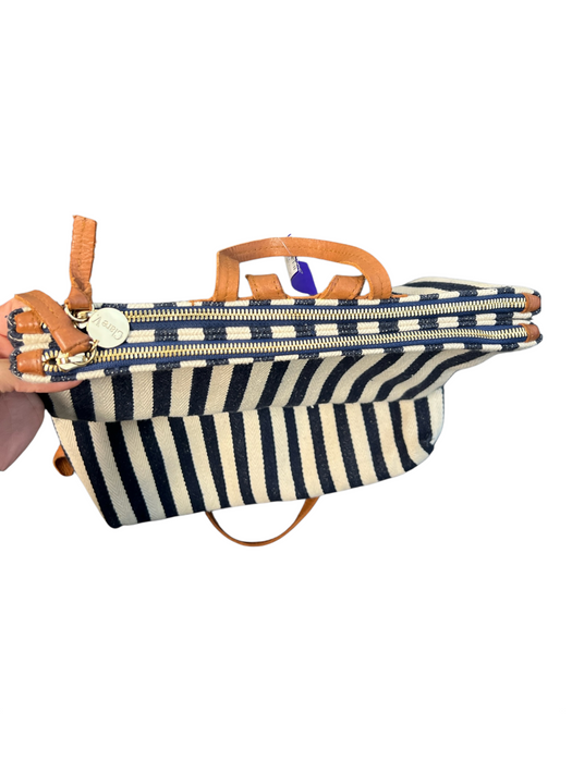 Claire V Navy & Cream Woven Stripe double zip Leather Strap Backpack Navy & Cream