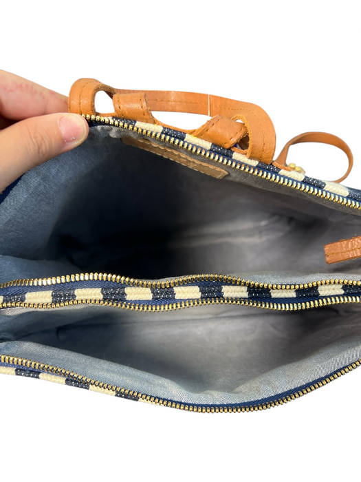 Claire V Navy & Cream Woven Stripe double zip Leather Strap Backpack Navy & Cream