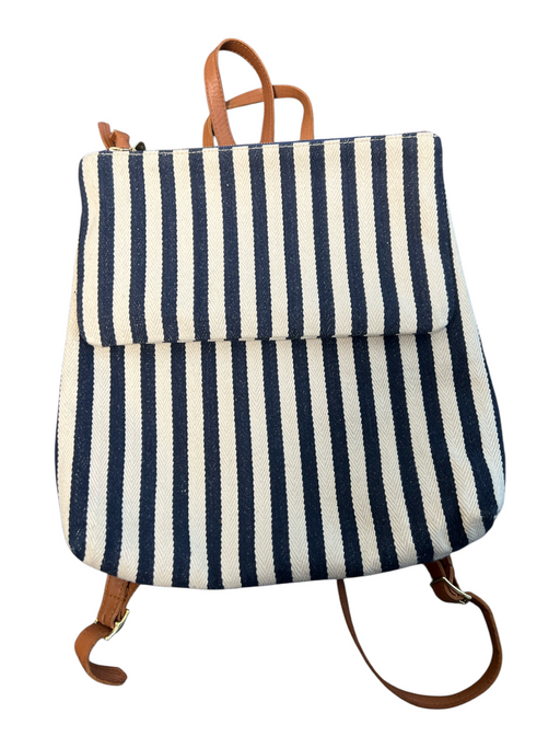 Claire V Navy & Cream Woven Stripe double zip Leather Strap Backpack Navy & Cream