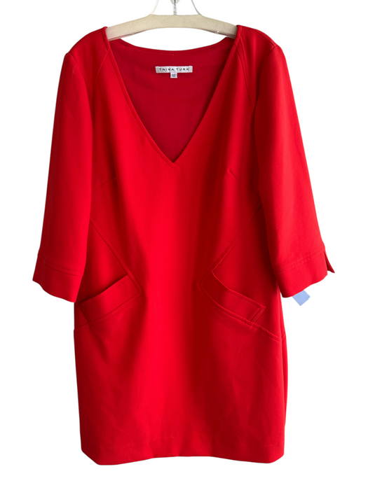Trina Turk Size 12 Red Polyester Blend V Neck Half Sleeve Pockets Dress Red / 12
