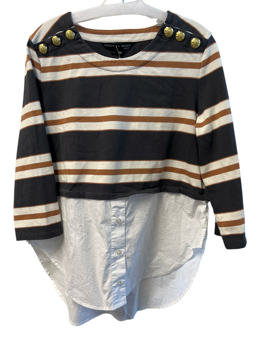 Veronica Beard Size L Brown Cream & Black Cotton Round Neck Long Sleeve Top Brown Cream & Black / L