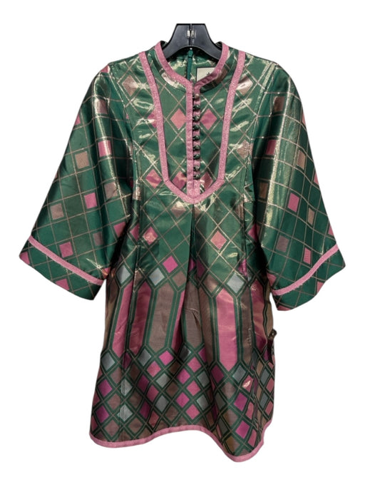 Tuckernuck Size XS Green, Pink & Gold Polyester Pleated Tunic Knee Length Dress Green, Pink & Gold / XS