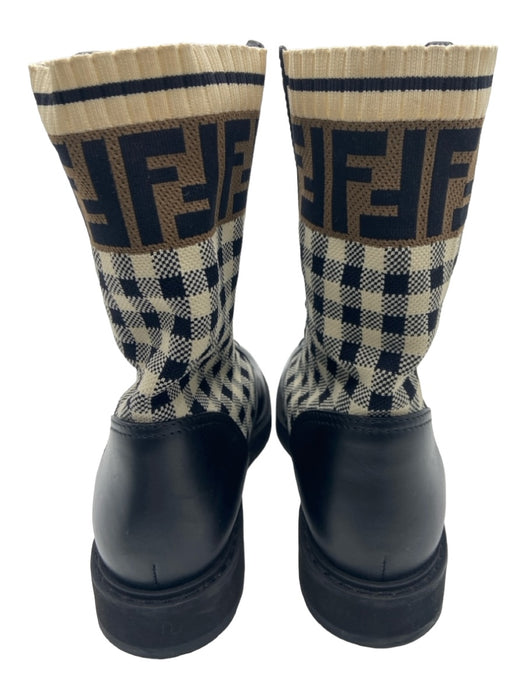 Fendi Shoe Size 38.5 Black & Beige Leather Calf High lace up gingham Logo Boots Black & Beige / 38.5
