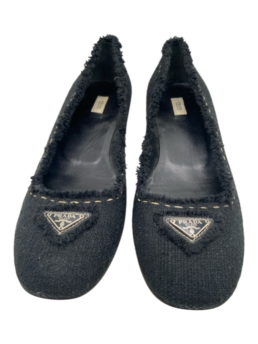 Prada Shoe Size 39.5 Black Tweed Slip On Fringe Logo Shoes Black / 39.5