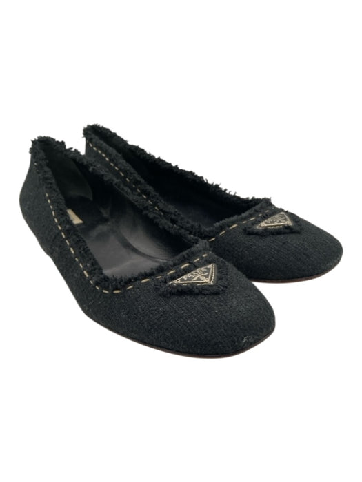 Prada Shoe Size 39.5 Black Tweed Slip On Fringe Logo Shoes Black / 39.5