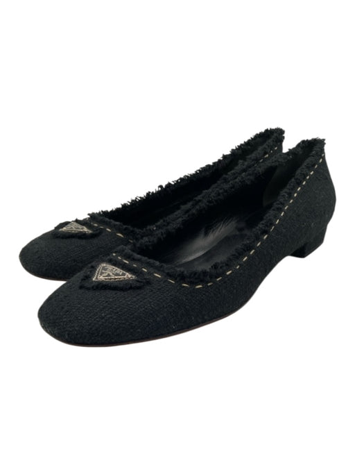 Prada Shoe Size 39.5 Black Tweed Slip On Fringe Logo Shoes Black / 39.5