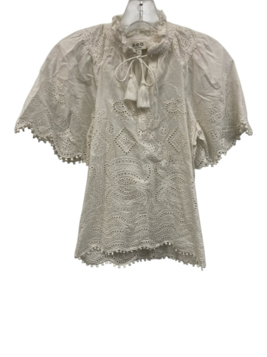 Sea New York Size 0 White Cotton Crochet Lace Stand Collar Split Neck Top White / 0