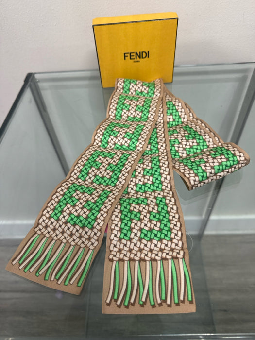 Fendi Beige, Brown, Green Silk Monogram Geometric Twilly scarf