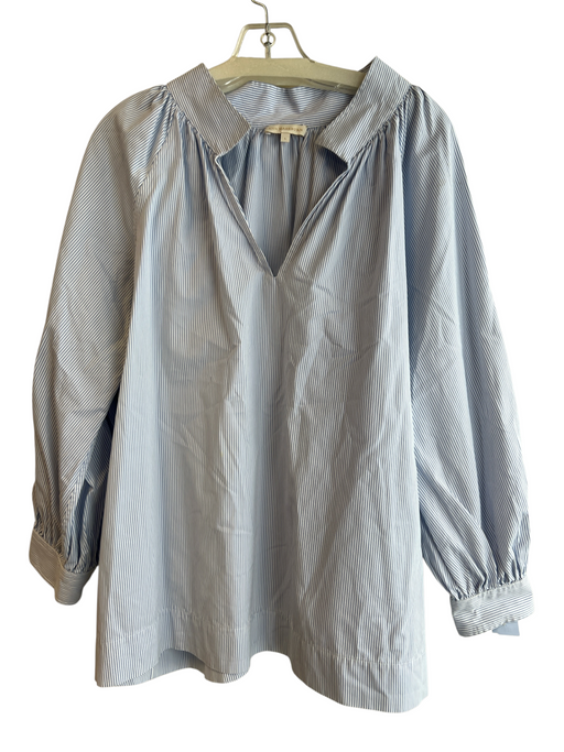 Ann Mashburn Size L White & Blue Cotton Striped Long Sleeve V Neck Collar Top White & Blue / L