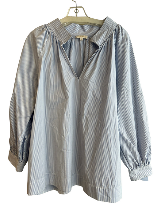 Ann Mashburn Size L White & Blue Cotton Striped Long Sleeve V Neck Collar Top White & Blue / L