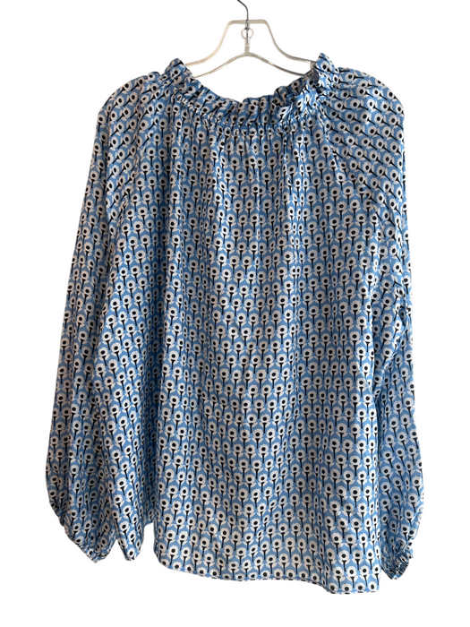 Ann Mashburn Size XL Blue Silk Floral Pattern Long Sleeve Neck Detail Top Blue / XL