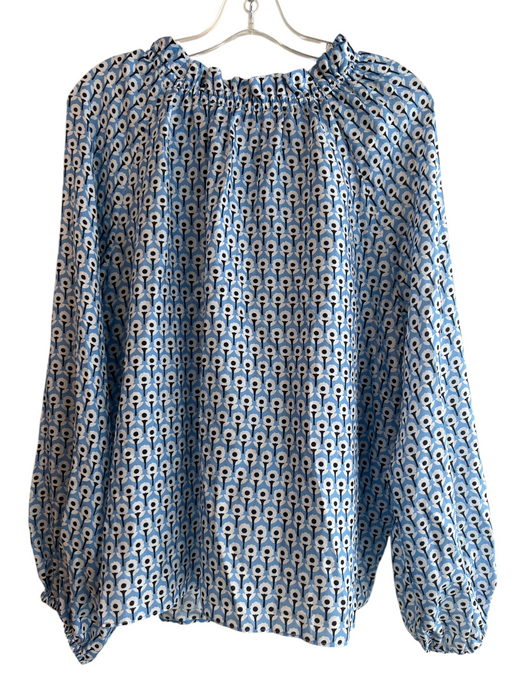 Ann Mashburn Size XL Blue Silk Floral Pattern Long Sleeve Neck Detail Top Blue / XL
