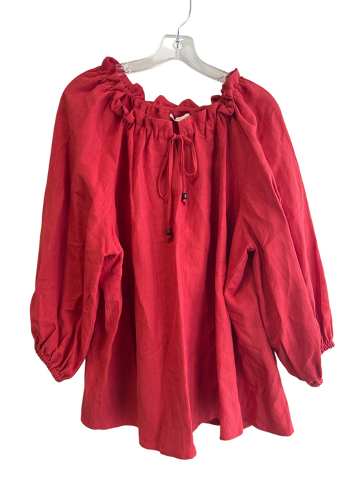 Ann Mashburn Size XL Red Silk Blend Tie Neck 3/4 Sleeve Keyhole Bead Tassel Top Red / XL