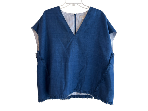 Ann Mashburn Size XL Blue Silk Sqaure Zip Back Sleeveless Fringe Detail Top Blue / XL
