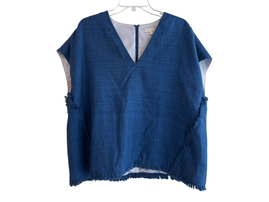 Ann Mashburn Size XL Blue Silk Sqaure Zip Back Sleeveless Fringe Detail Top Blue / XL