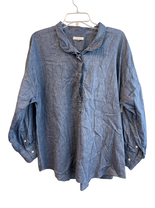 Ann Mashburn Size XL Blue Linen Blend 3/4 Button Long Sleeve Collar Top Blue / XL