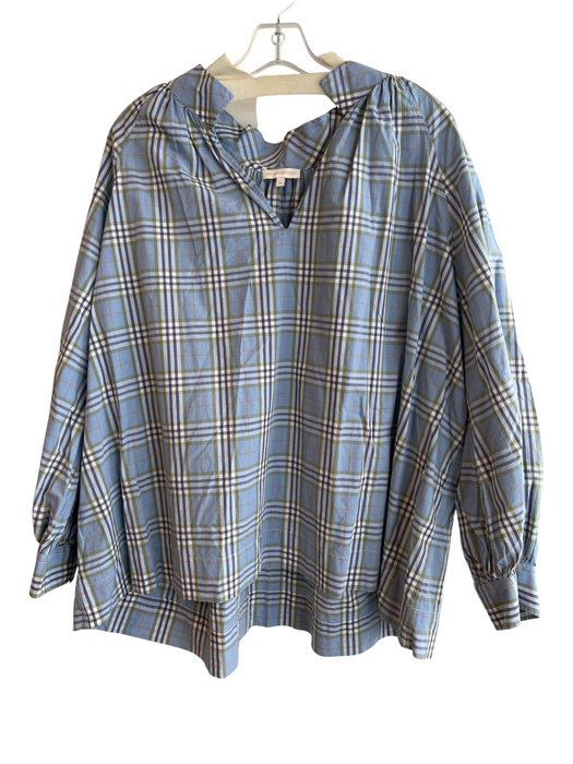 Ann Mashburn Size XL Blue Cotton Plaid Long Sleeve V Neck Collar Top Blue / XL