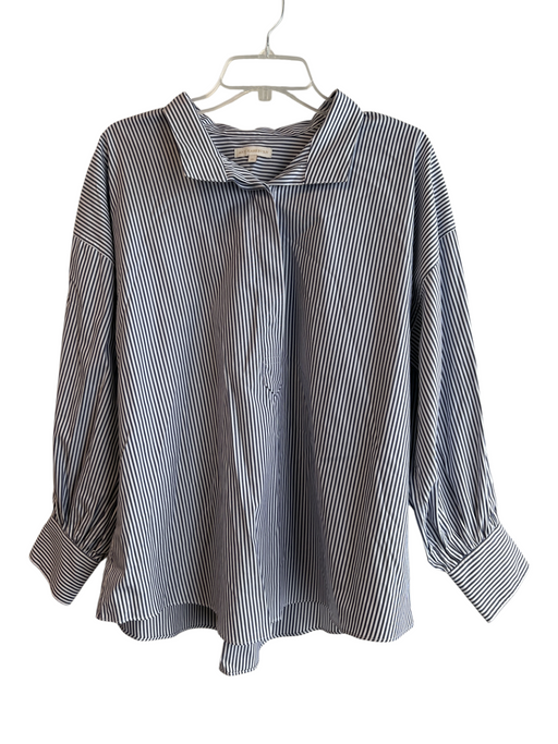 Ann Mashburn Size XL Navy & white Cotton Long Sleeve V Neck Collar Button Top Navy & white / XL