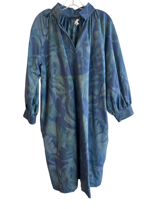 Ann Mashburn Size XL Navy Multi Cotton Blend Leaves V Neck 3/4 Sleeve Dress Navy Multi / XL