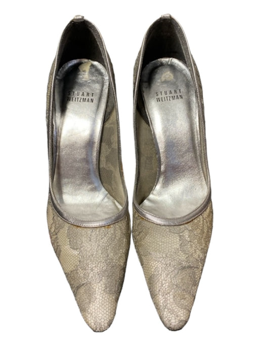 Stuart Weitzman Shoe Size Est 7 Silver Fabric Floral Pointed Toe Pump Shoes Silver / Est 7