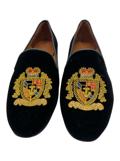 Jon Josef Shoe Size 7 Black & Gold Velvet Leather trim Crest Round Toe Flats Black & Gold / 7