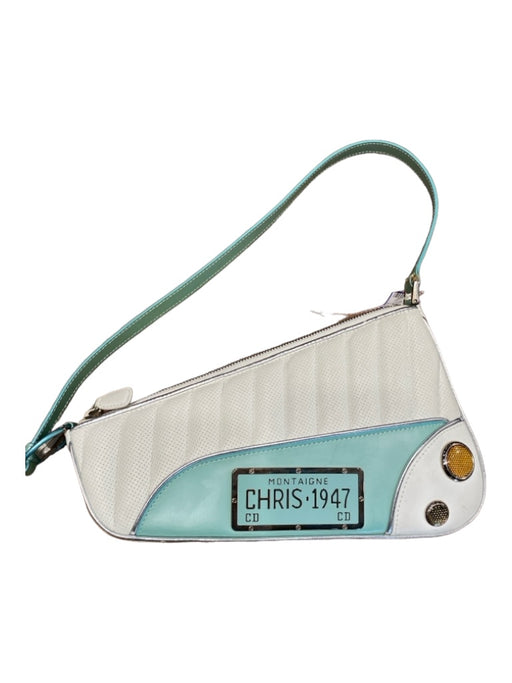 Christian Dior White & Teal Leather One Strap Top Zip Car Grommet Details Bag White & Teal / S