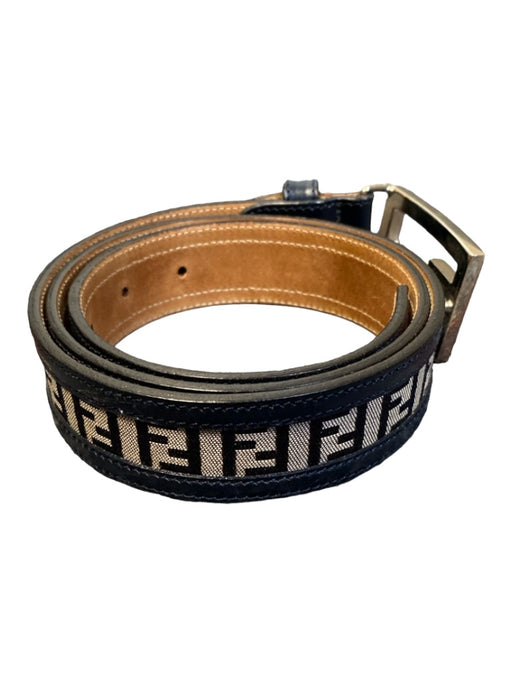 Fendi Navy & Tan Leather Logo Trim silver hardware Canvas Belts Navy & Tan / 42
