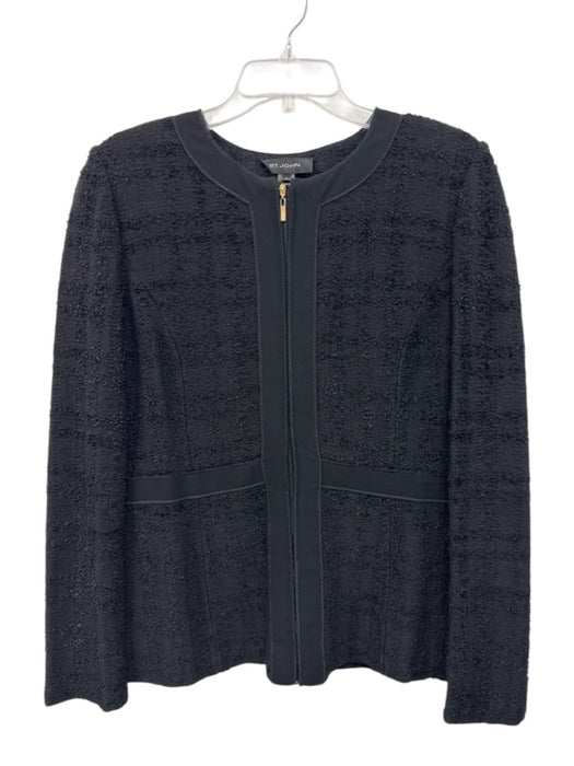 St John Size 6 Black Wool Blend Tweed Paneled Zip Jacket Black / 6
