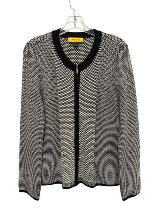 St John Size M Black & White Wool Blend Knit Ribbed Trim Zip Cardigan Black & White / M