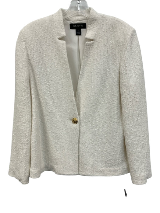 St John Size 10 Ivory White Cotton Blend gold tone button Tweed Blazer Jacket Ivory White / 10