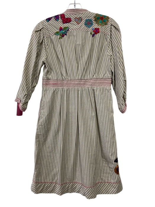 3 J Size Small Beige, Gray & Multi Cotton 3/4 Sleeve Striped Embroidered Dress Beige, Gray & Multi / Small