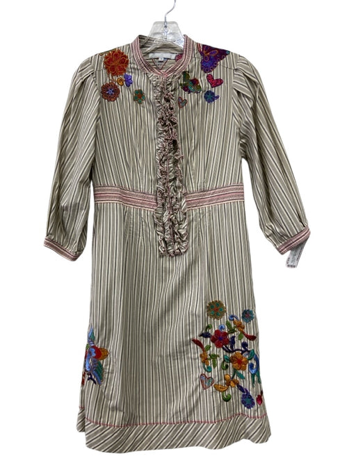 3 J Size Small Beige, Gray & Multi Cotton 3/4 Sleeve Striped Embroidered Dress Beige, Gray & Multi / Small