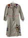 3 J Size Small Beige, Gray & Multi Cotton 3/4 Sleeve Striped Embroidered Dress Beige, Gray & Multi / Small