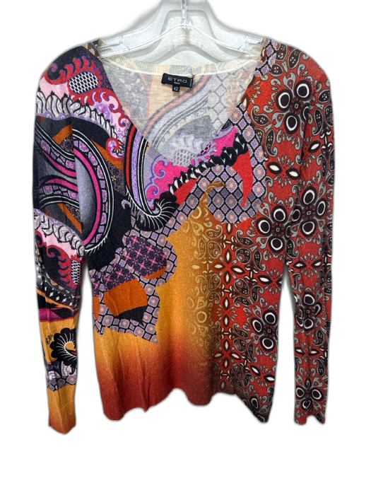 Etro Size 42 Purple, Orange & Black Silk & Cashmere Knit V Neck Geometric Top Purple, Orange & Black / 42