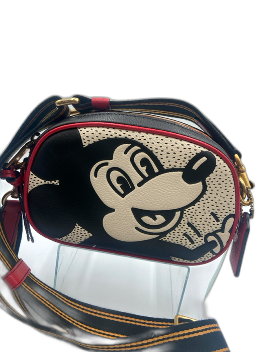 Coach Black, Red & White Leather Zip Close Crossbody Strap Goldtone Hardware Bag Black, Red & White / S