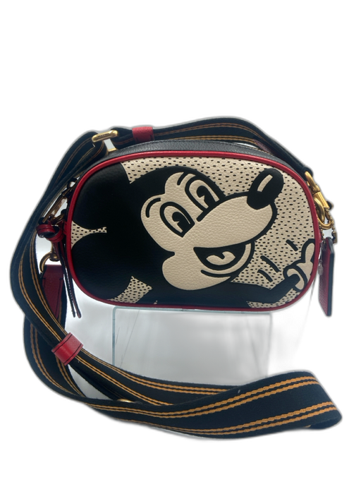 Coach Black, Red & White Leather Zip Close Crossbody Strap Goldtone Hardware Bag Black, Red & White / S